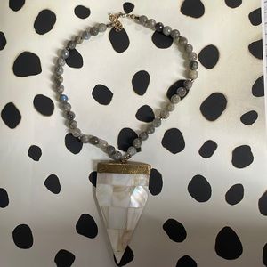Grey Beaded Necklace with Mother of Pearl and Wood Pendant
